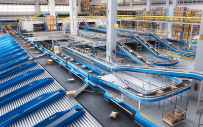 Modern Delivery Logistics Warehouse with Working Automated Conveyor Belt with Retail Parcels, Cardboard Boxes and Online Shopping Orders Being Prepared for Shipping